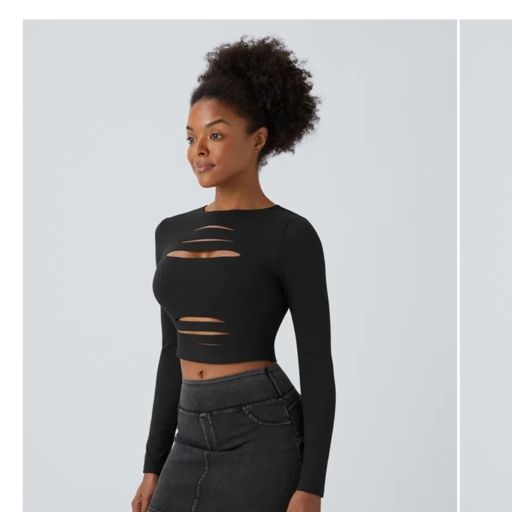 HALARA Black Long Sleeve Cutout Crop Bodysuit